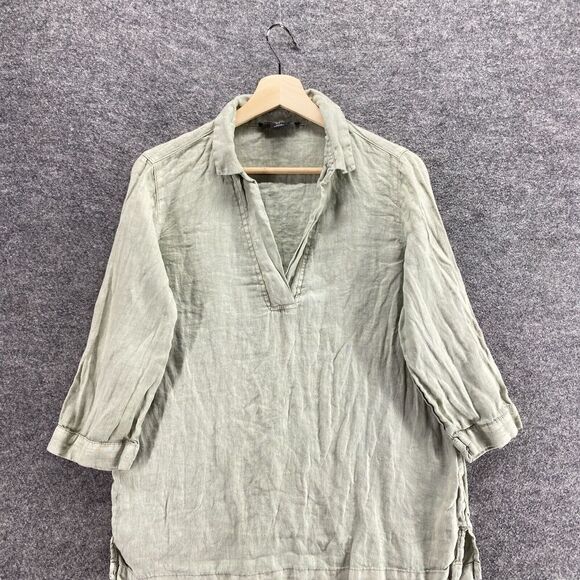 Tahari Blouse Women S Small Gray Linen Collared 3/4 Sleeve Pullover Casual - Picture 3 of 9